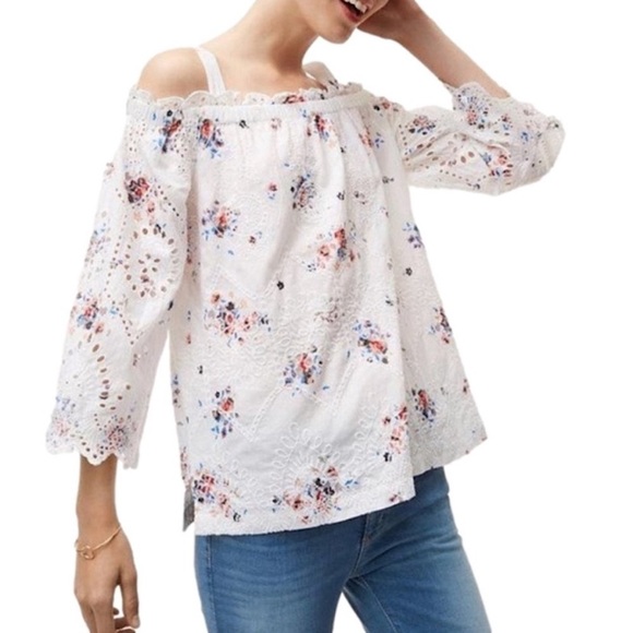 LOFT Tops - LOFT White Floral Eyelet Cold Shoulder Top, S Blue Pink Orange Cotton NWOT